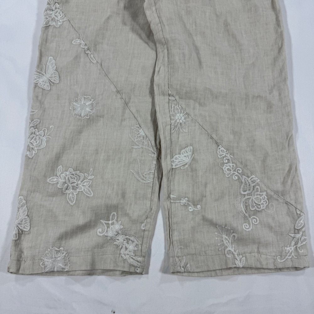 Tempo Paris Italian Linen Wide Leg Embroidered Pants M Boho Floral Butterfly - Picture 2 of 8